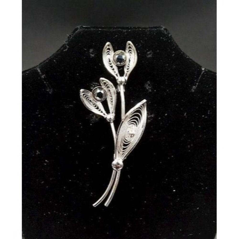 Sterling Silver Stamped Filigree Brooch With Two Hematite Like Stones 3.9g